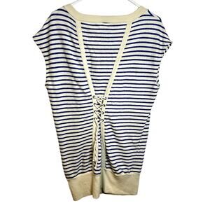 Splendid French Terry Tunic Lace Up Back Womens Size Medium Nautical Cream Blue
